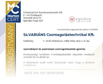 MSZ EN ISO 9001:2015 magyar nyelvű tanúsítvány